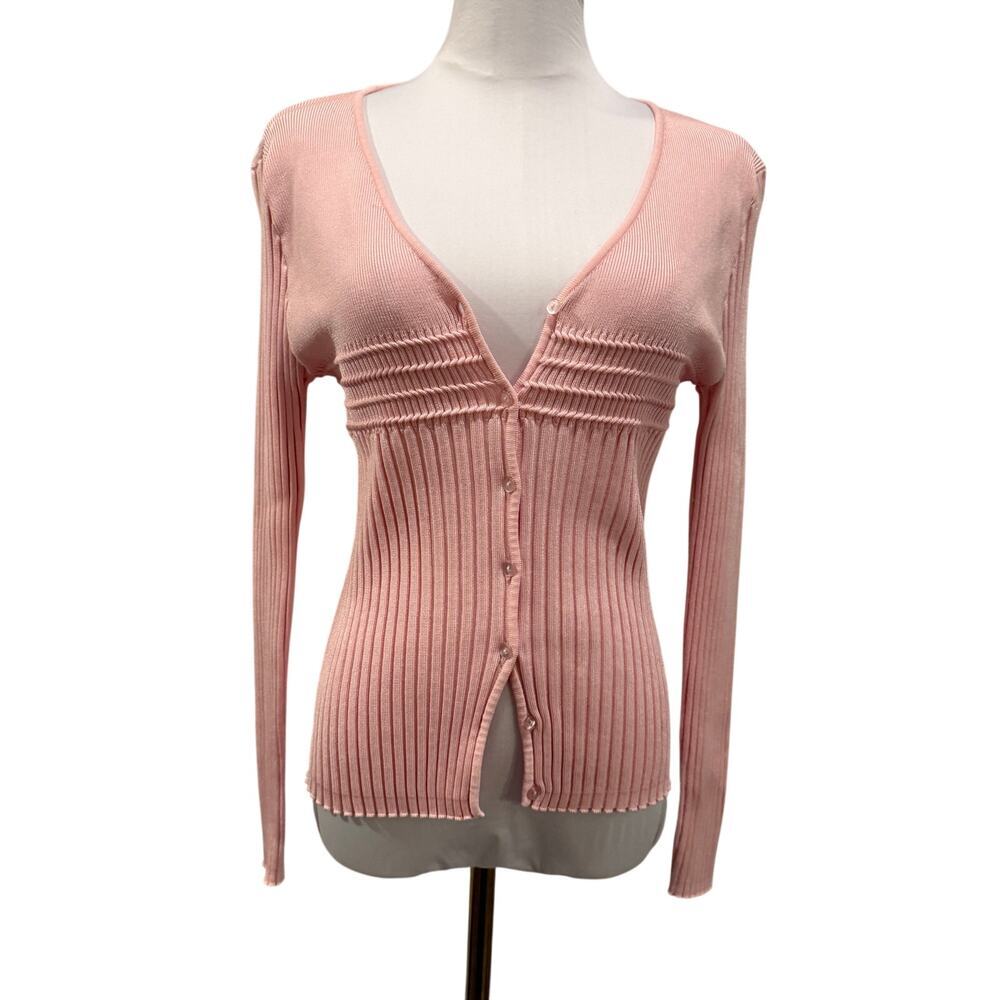 Y2K Baby Pink Ribbed Cardigan Sweater Button Front Stretch Large Ballet Fitted